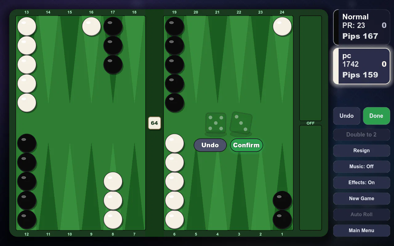 Backgammon against the computer, with pip counts and the doubling cube
