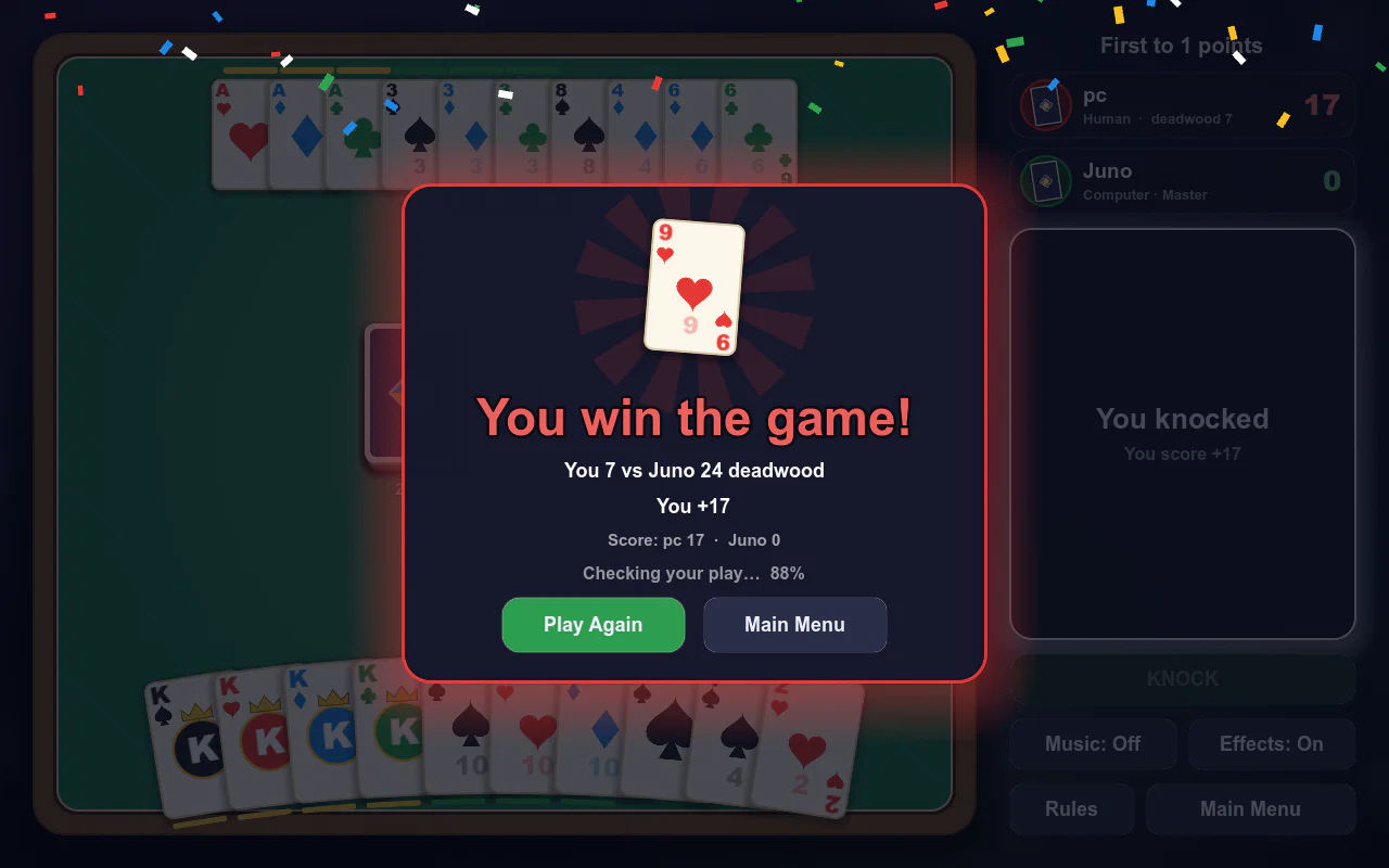 Gin Rummy: you win the game — confetti