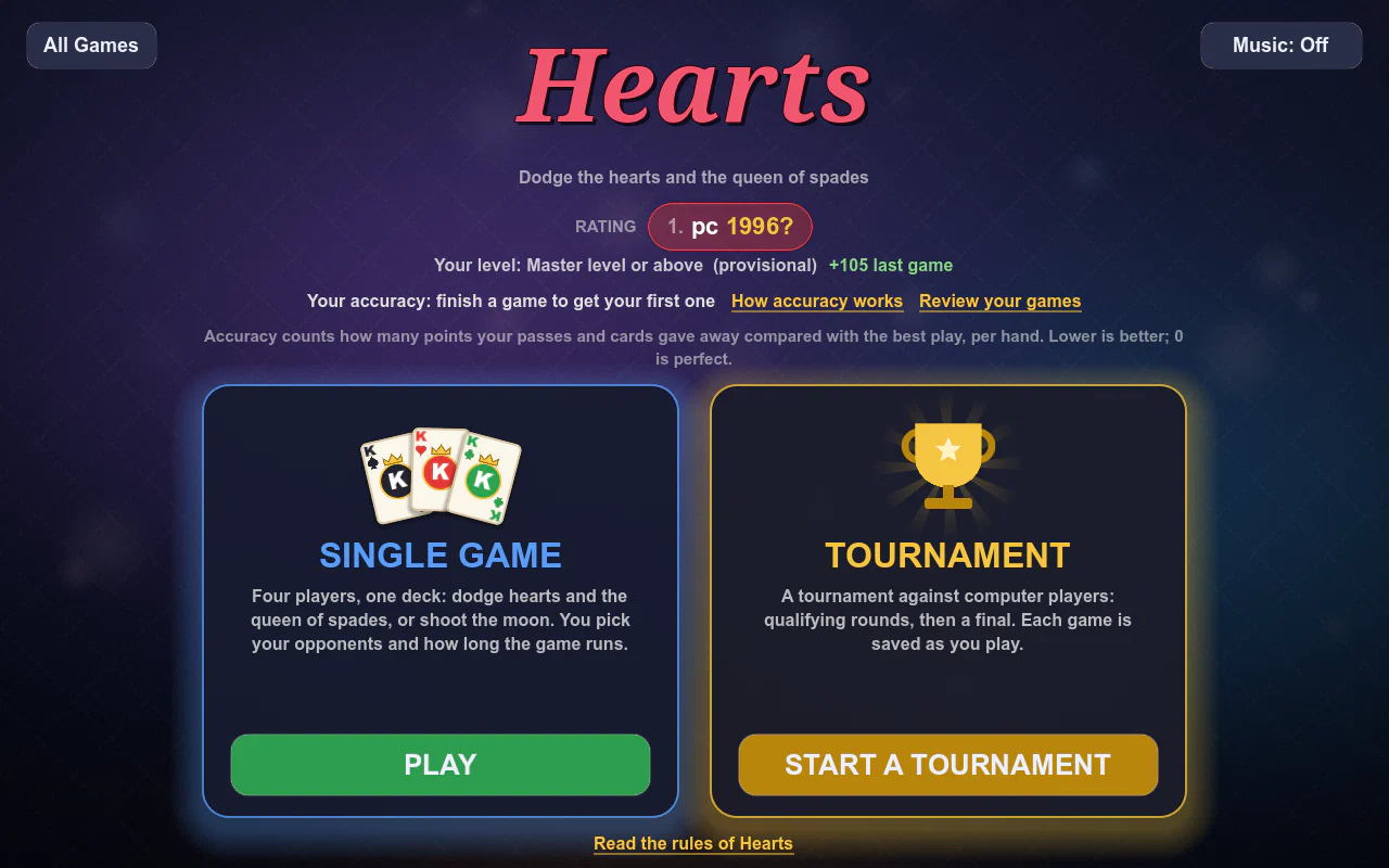 Hearts home: your rating, your level, your accuracy, with links to Review your games and How accuracy works