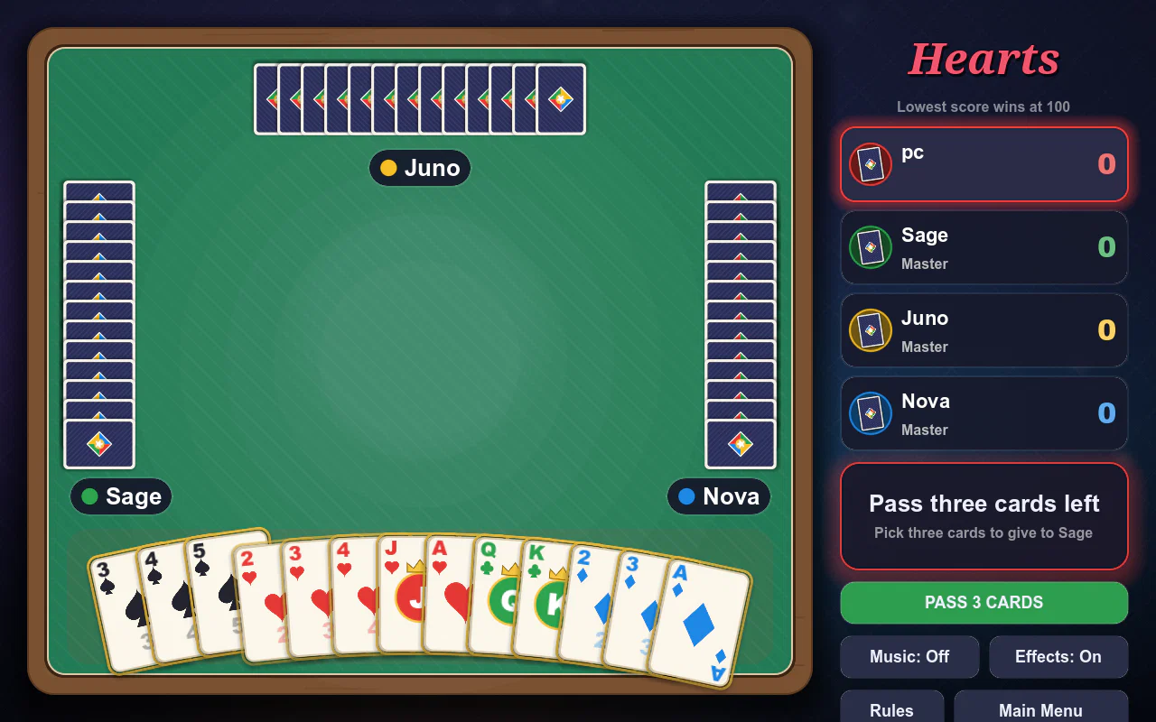 Hearts: passing three cards