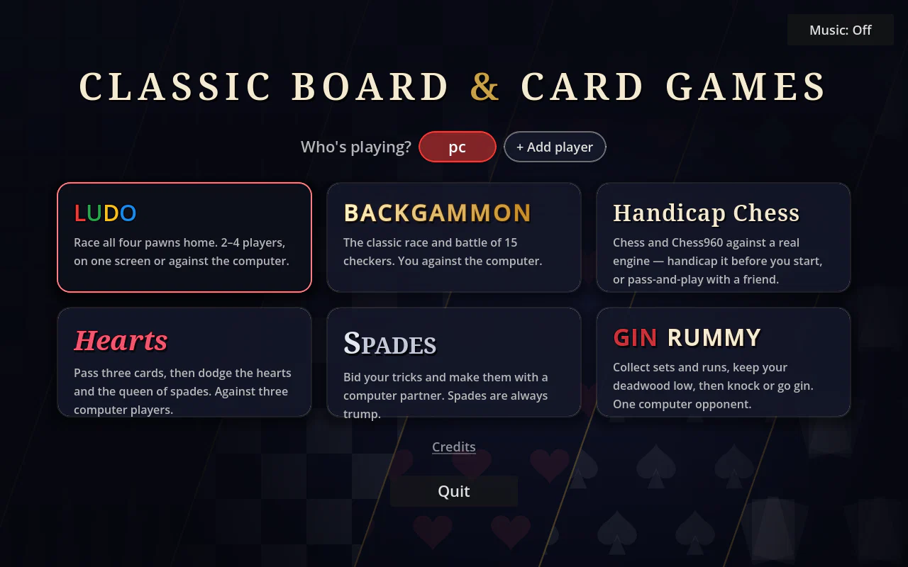 Classic Board & Card Games — the launcher with Ludo, Backgammon, Handicap Chess, Hearts, Spades and Gin Rummy