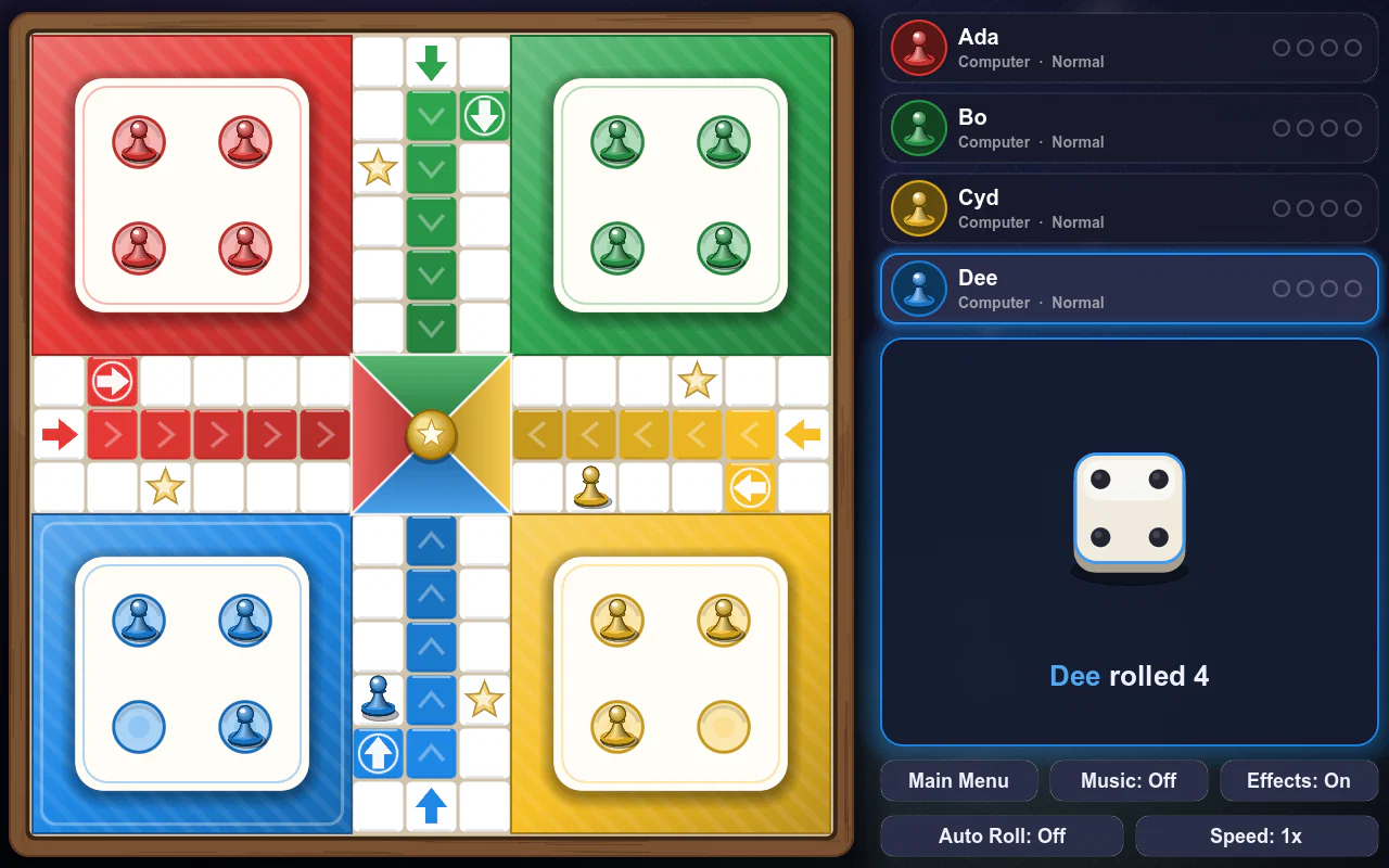 Ludo: four players racing their pawns home