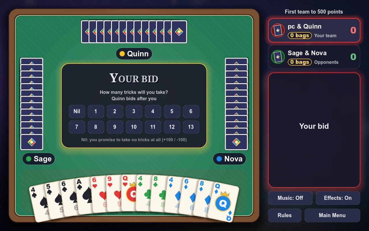 Spades: your bid — nil or 1 to 13 tricks